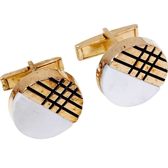 Vintage Modernist Geometric Cufflinks Mother Of Pearl Gold Tone 1960s 1970s - Picture 1 of 10